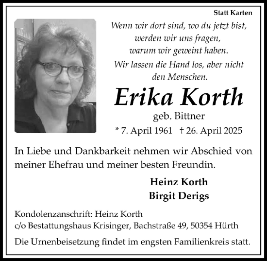 Anzeige von Erika Korth von  Wochenende 