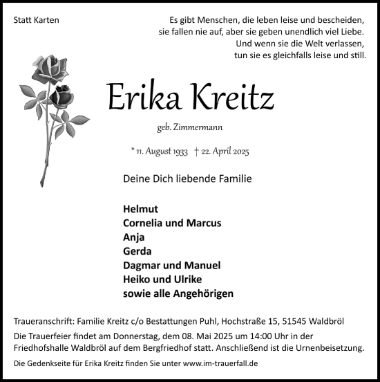 Anzeige von Erika Kreitz von  Lokalanzeiger 
