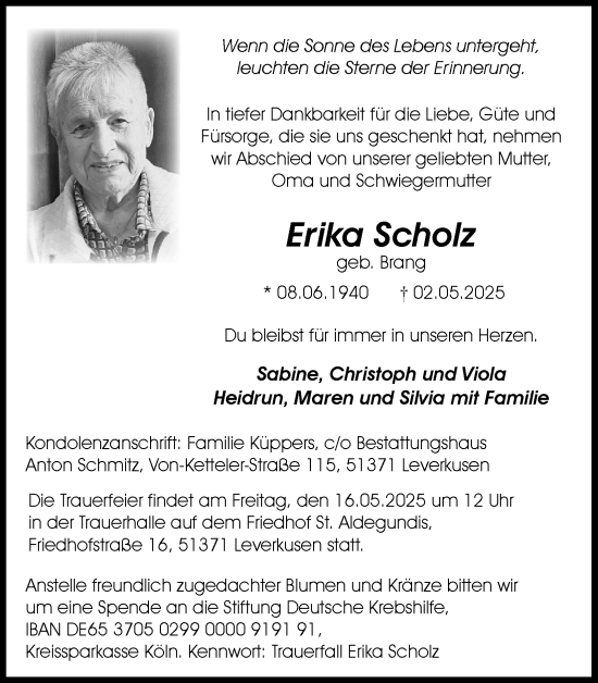 Anzeige von Erika Scholz von Kölner Stadt-Anzeiger / Kölnische Rundschau / Express