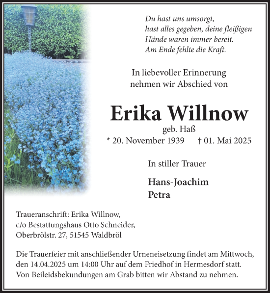Anzeige von Erika Willnow von  Lokalanzeiger 
