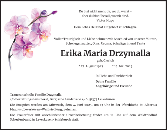 Anzeige von Erika Maria Drzymalla von Kölner Stadt-Anzeiger / Kölnische Rundschau / Express
