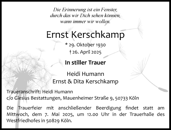 Anzeige von Ernst Kerschkamp von Kölner Stadt-Anzeiger / Kölnische Rundschau / Express