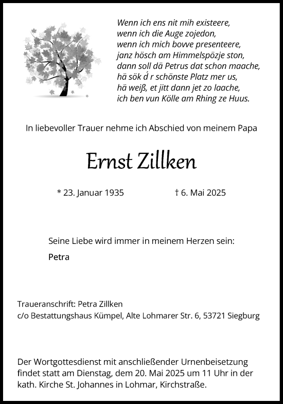Anzeige von Ernst Zillken von Kölner Stadt-Anzeiger / Kölnische Rundschau / Express
