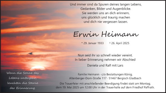 Anzeige von Erwin Heimann von Kölner Stadt-Anzeiger / Kölnische Rundschau / Express