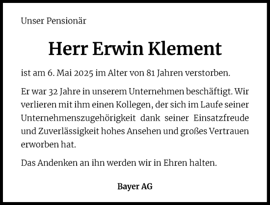 Anzeige von Erwin Klement von Kölner Stadt-Anzeiger / Kölnische Rundschau / Express