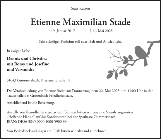 Anzeige von Etienne Maximilian Stade von  Anzeigen Echo 