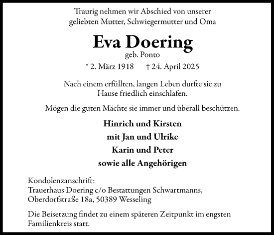 Anzeige von Eva Doering von Kölner Stadt-Anzeiger / Kölnische Rundschau / Express