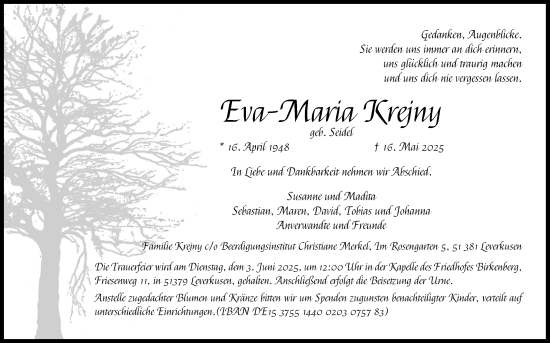 Anzeige von Eva-Maria Krejny von Kölner Stadt-Anzeiger / Kölnische Rundschau / Express