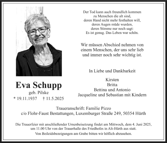 Anzeige von Eva Schupp von  Wochenende 