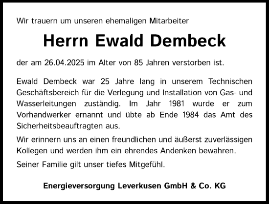 Anzeige von Ewald Dembeck von Kölner Stadt-Anzeiger / Kölnische Rundschau / Express
