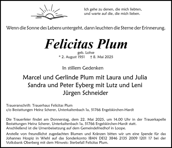 Anzeige von Felicitas Plum von  Anzeigen Echo 