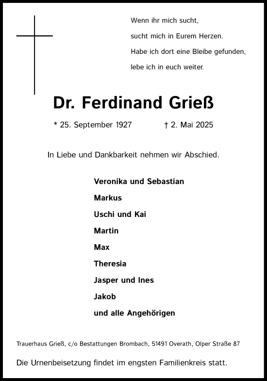 Anzeige von Ferdinand Grieß von Kölner Stadt-Anzeiger / Kölnische Rundschau / Express