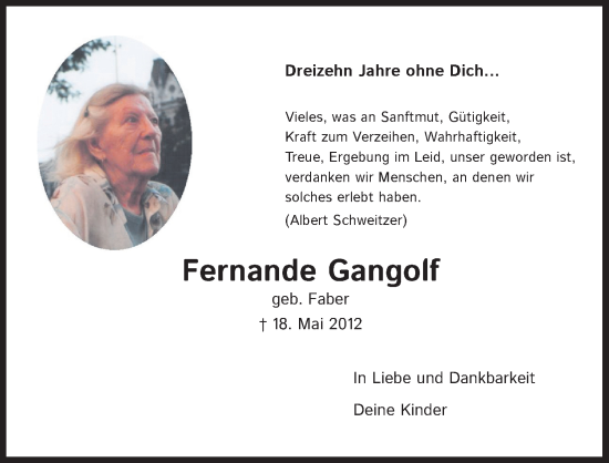 Anzeige von Fernande Gangolf von Kölner Stadt-Anzeiger / Kölnische Rundschau / Express