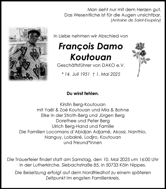 Anzeige von Francois Damo Koutouan von Kölner Stadt-Anzeiger / Kölnische Rundschau / Express