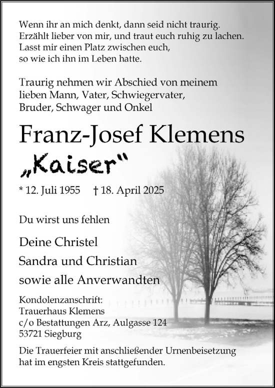 Anzeige von Franz-Josef Klemens von  Extra Blatt 