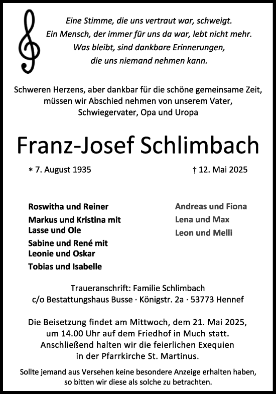 Anzeige von Franz-Josef Schlimbach von Kölner Stadt-Anzeiger / Kölnische Rundschau / Express