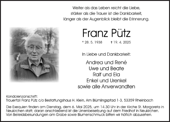 Anzeige von Franz Pütz von  Schaufenster/Blickpunkt 