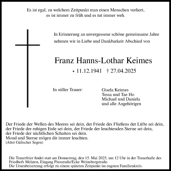 Anzeige von Franz Hanns-Lothar Keimes von Kölner Stadt-Anzeiger / Kölnische Rundschau / Express