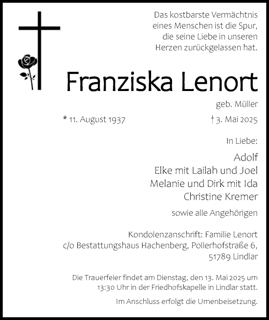 Anzeige von Franziska Lenort von Kölner Stadt-Anzeiger / Kölnische Rundschau / Express