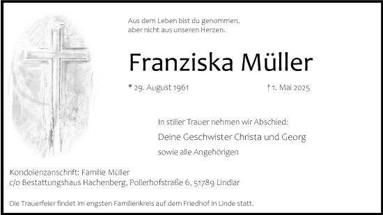 Anzeige von Franziska Müller von Kölner Stadt-Anzeiger / Kölnische Rundschau / Express