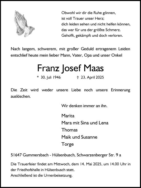 Anzeige von Franz Josef Maas von Kölner Stadt-Anzeiger / Kölnische Rundschau / Express