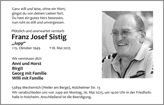 Anzeige von Franz Josef Sistig von  Blickpunkt Euskirchen 