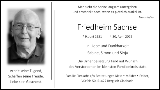 Anzeige von Friedheim Sachse von Kölner Stadt-Anzeiger / Kölnische Rundschau / Express