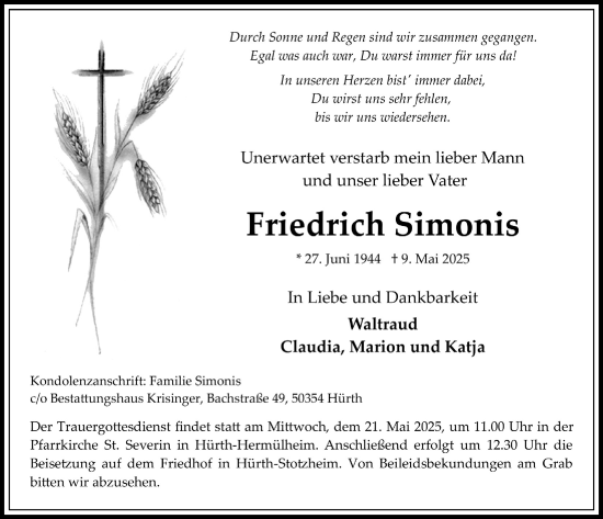 Anzeige von Friedrich Simonis von  Wochenende 