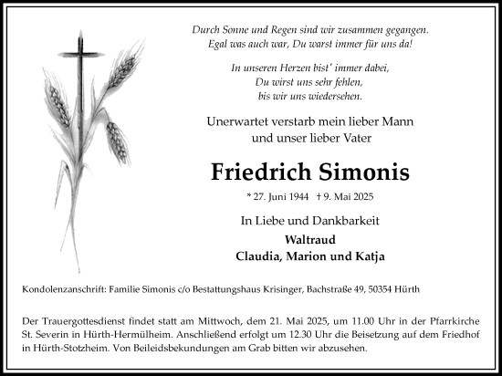 Anzeige von Friedrich Simonis von Kölner Stadt-Anzeiger / Kölnische Rundschau / Express