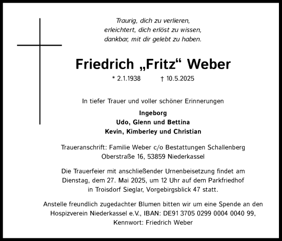 Anzeige von Friedrich Weber von Kölner Stadt-Anzeiger / Kölnische Rundschau / Express