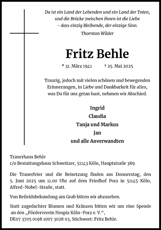 Anzeige von Fritz Behle von Kölner Stadt-Anzeiger / Kölnische Rundschau / Express