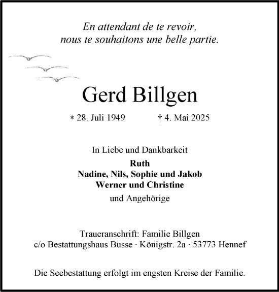 Anzeige von Gerd Billgen von Kölner Stadt-Anzeiger / Kölnische Rundschau / Express