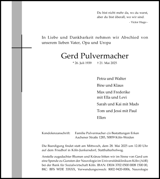 Anzeige von Gerd Pulvermacher von Kölner Stadt-Anzeiger / Kölnische Rundschau / Express