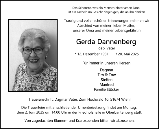 Anzeige von Gerda Dannenberg von Kölner Stadt-Anzeiger / Kölnische Rundschau / Express