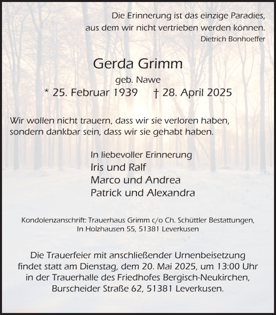 Anzeige von Gerda Grimm von Kölner Stadt-Anzeiger / Kölnische Rundschau / Express
