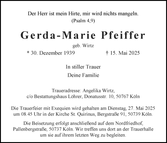 Anzeige von Gerda-Marie Pfeiffer von Kölner Stadt-Anzeiger / Kölnische Rundschau / Express