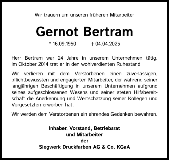 Anzeige von Gernot Bertram von Kölner Stadt-Anzeiger / Kölnische Rundschau / Express
