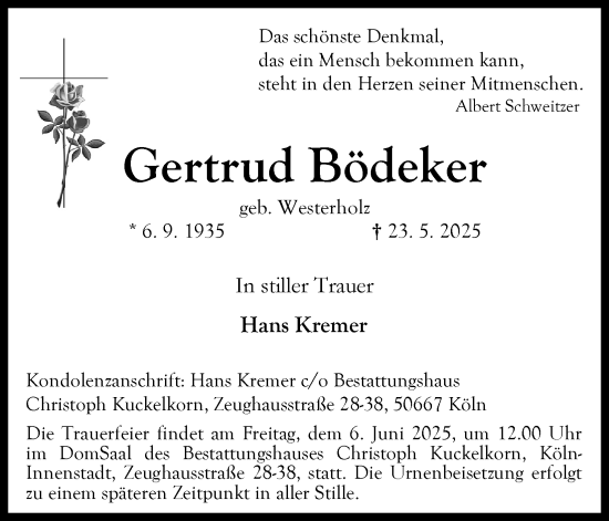 Anzeige von Gertrud Bödeker von Kölner Stadt-Anzeiger / Kölnische Rundschau / Express