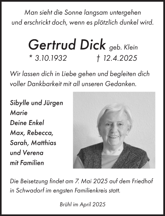 Anzeige von Gertrud Dick von  Schlossbote/Werbekurier 