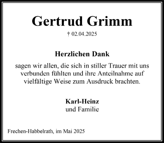 Anzeige von Gertrud Grimm von  Wochenende 