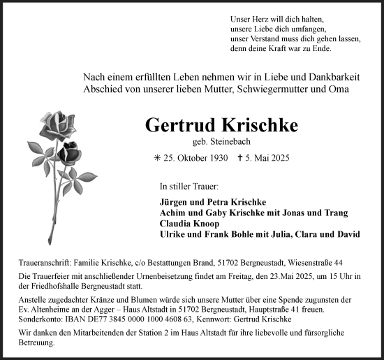 Anzeige von Gertrud Krischke von Kölner Stadt-Anzeiger / Kölnische Rundschau / Express