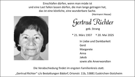 Anzeige von Gertrud Richter von  Blickpunkt Euskirchen 