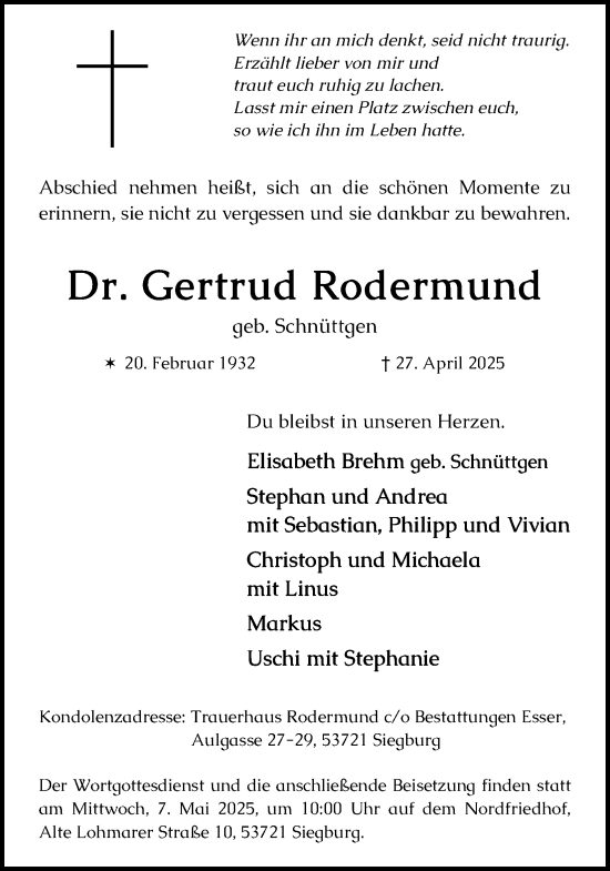 Anzeige von Gertrud Rodermund von Kölner Stadt-Anzeiger / Kölnische Rundschau / Express