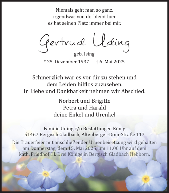 Anzeige von Gertrud Uding von Kölner Stadt-Anzeiger / Kölnische Rundschau / Express