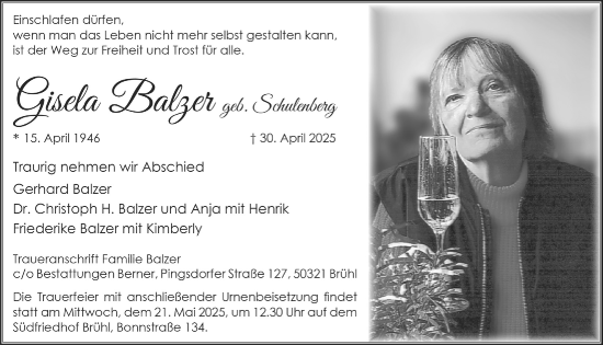 Anzeige von Gisela Balzer von  Schlossbote/Werbekurier 