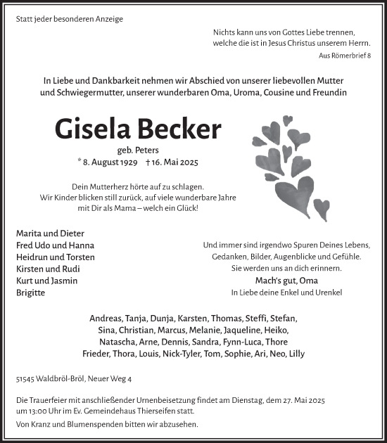 Anzeige von Gisela Becker von  Lokalanzeiger 