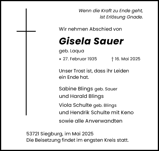 Anzeige von Gisela Sauer von Kölner Stadt-Anzeiger / Kölnische Rundschau / Express