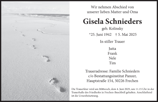 Anzeige von Gisela Schnieders von  Wochenende 