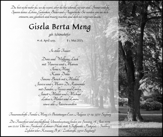 Anzeige von Gisela Berta Meng von Kölner Stadt-Anzeiger / Kölnische Rundschau / Express
