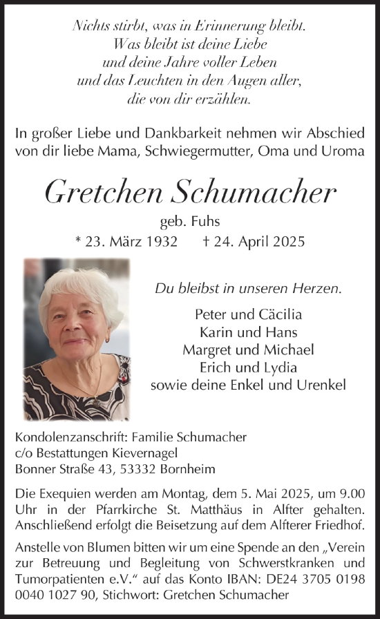 Anzeige von Gretchen Schumacher von  Schaufenster/Blickpunkt 